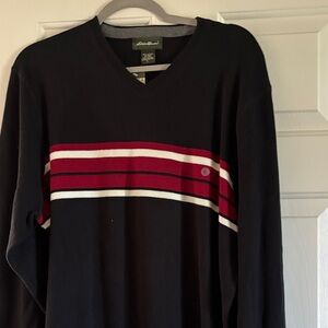 Eddie Bauer Men's V-Neck Sweater in Black with Red and White Stripes